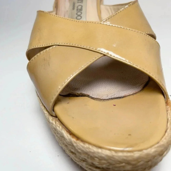 Jimmy Choo Womens Size 39 Criss Cross Patent Leather Wedge Espadrilles Sandal - Picture 13 of 14